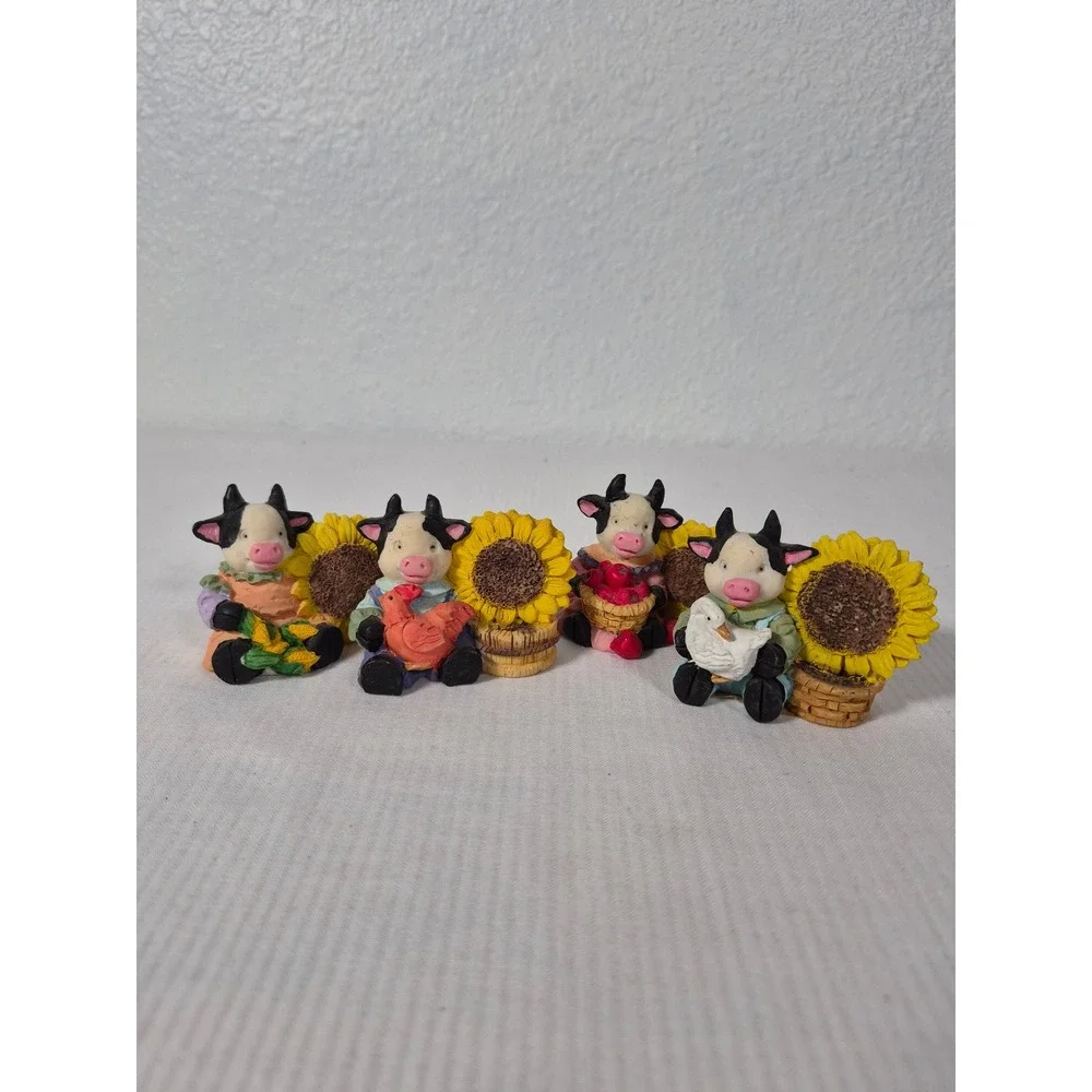 CWI Miniature Cow Figurines with Sunflowers Farmhouse Decor Set of 4 Resin